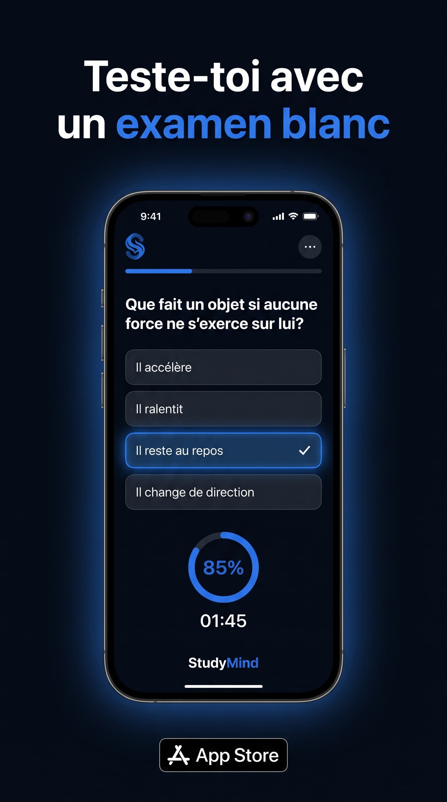 QCM StudyMind — examen blanc avec score et timer pour t'entraîner avant le bac